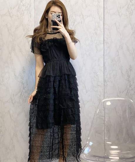メッシュフリルロングワンピース
