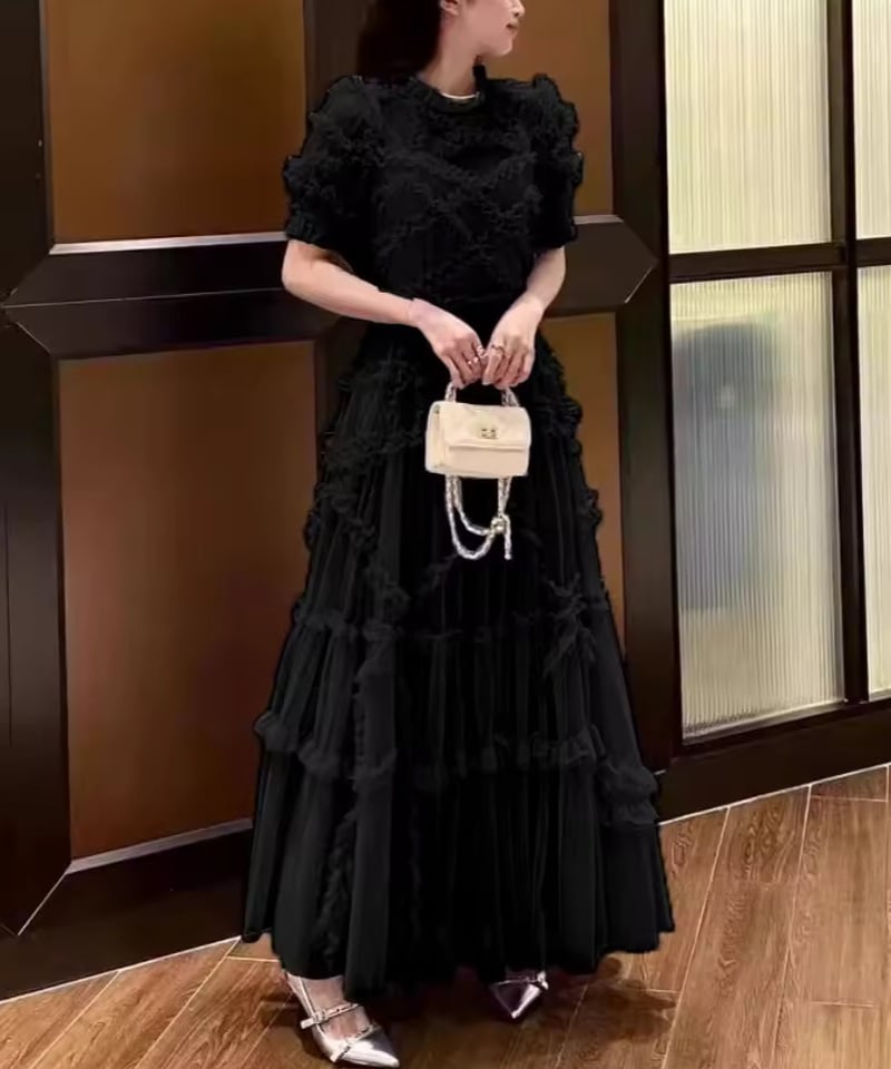 ships little black ドットチュールロングワンピース　ブラック セール】little black:ドットチュールロングワンピース