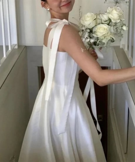 即納♡ショルダーリボンホワイトロングドレス