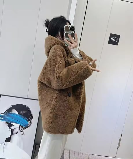 フード付きテディベアショートコート　3色展開