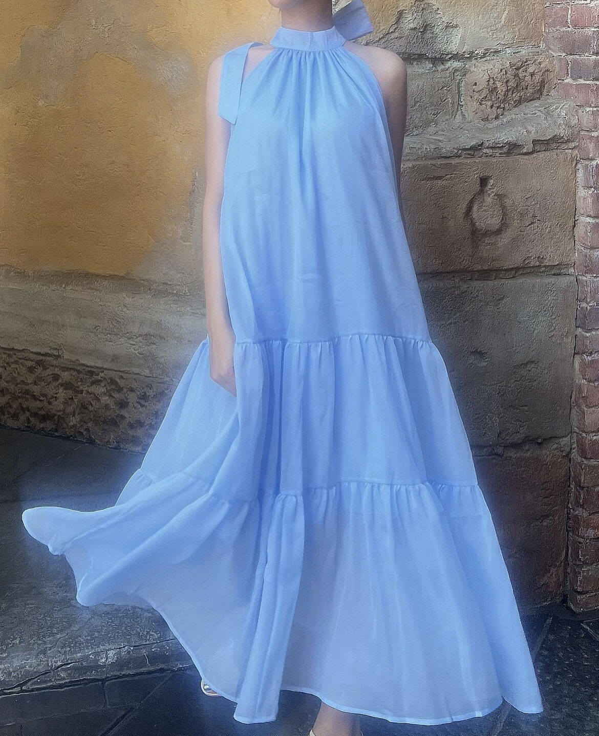 バックリボンワンピースblue Sサイズ♢ANELA TOKYO シワになりにくい バックリボンAラインチュニック [C7104