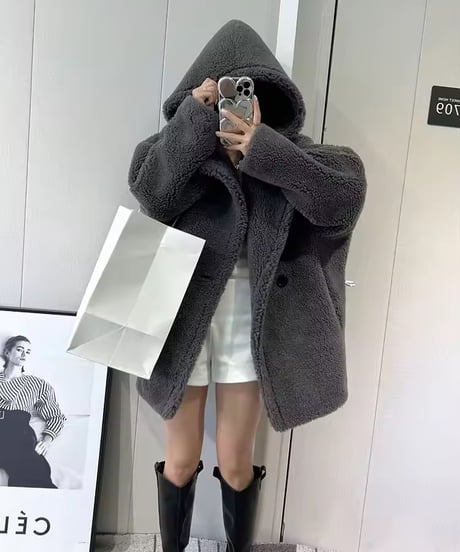 フード付きテディベアショートコート　3色展開