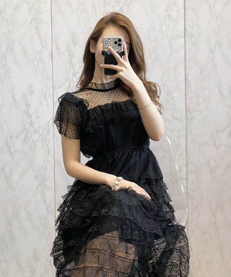メッシュフリルロングワンピース