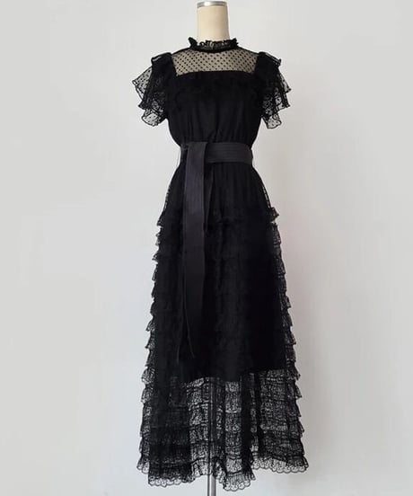 メッシュフリルロングワンピース