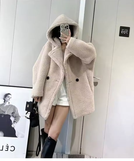 フード付きテディベアショートコート　3色展開