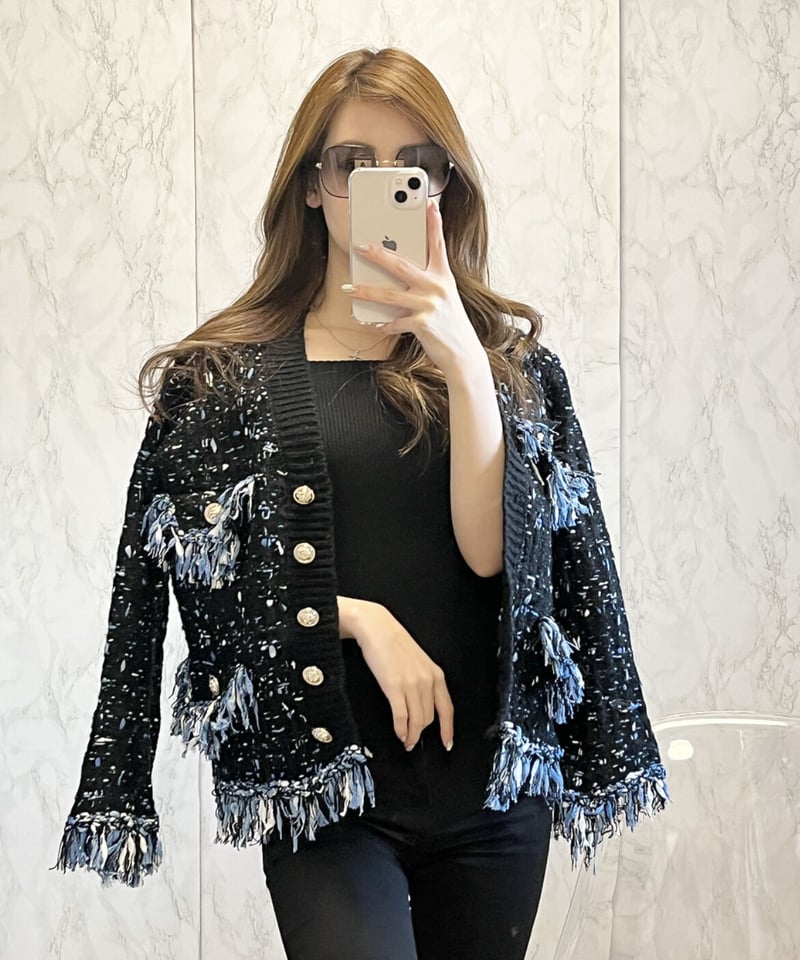 フリンジ付きブラックカーディガン FREAK'S STORE ニット セーター フリンジニットカーディガン