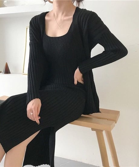カーディガン付きスリットワンピース 2色展開