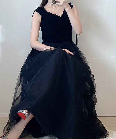 ショルダーリボンチュールロングドレス