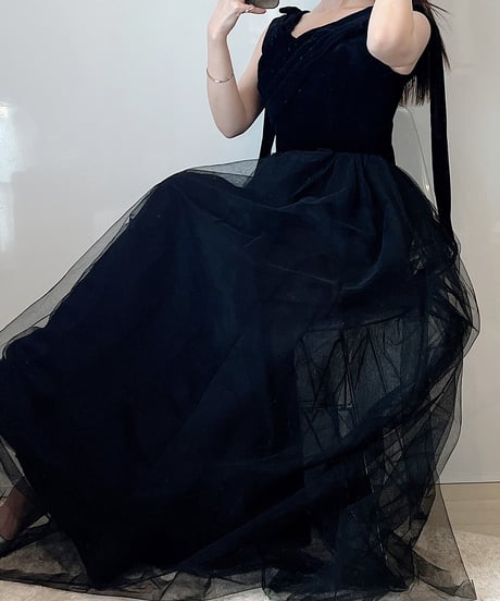 ショルダーリボンチュールロングドレス