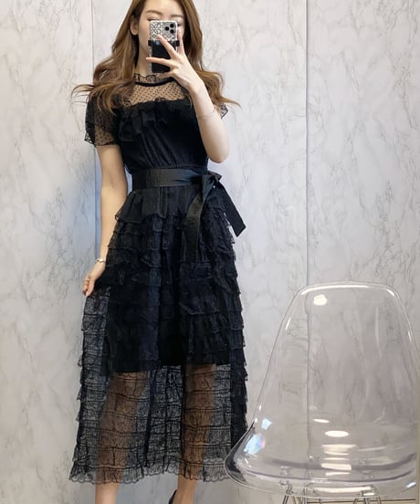 メッシュフリルロングワンピース