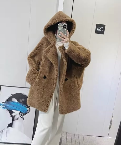 フード付きテディベアショートコート　3色展開