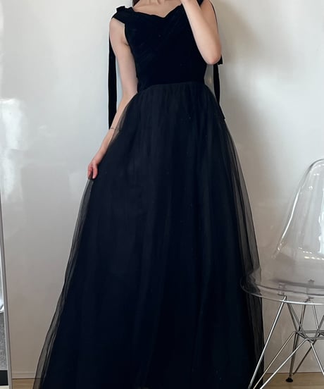 ショルダーリボンチュールロングドレス