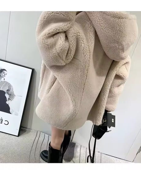 フード付きテディベアショートコート　3色展開