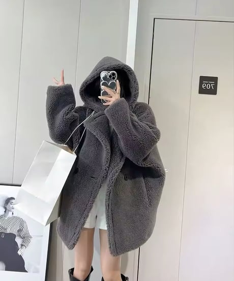 フード付きテディベアショートコート　3色展開