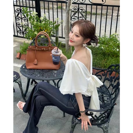 Back Ribbon Sheer V-Neck Blouse