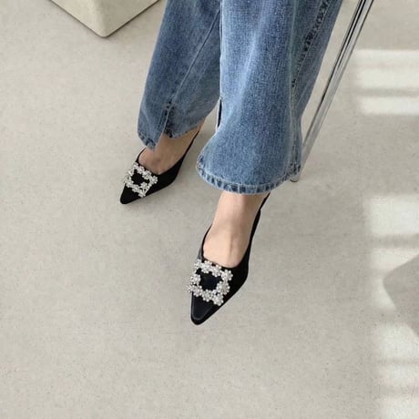 Pearl Buckle Pointed Mule Heels
