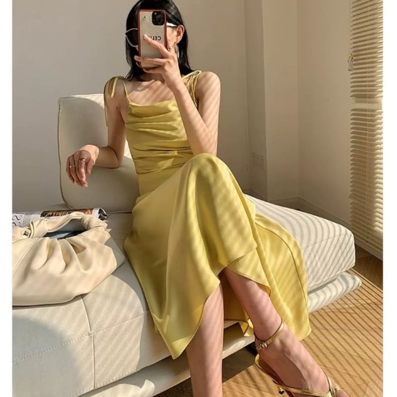 グレーS即納！ショルダーリボンサテンワンピース | Daisy