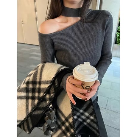 チョーカーデザイン ワンショルリブトップス