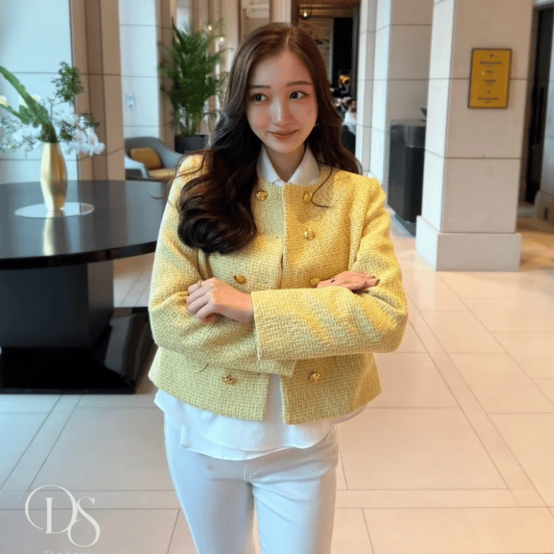 45Ｒ　チェック柄コットンツイードジャケット 2wayカラー　イエロー 45R チェック柄コットンツイードジャケット 2wayカラー イエロー 45R