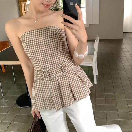Gingham Draped Bustier Top