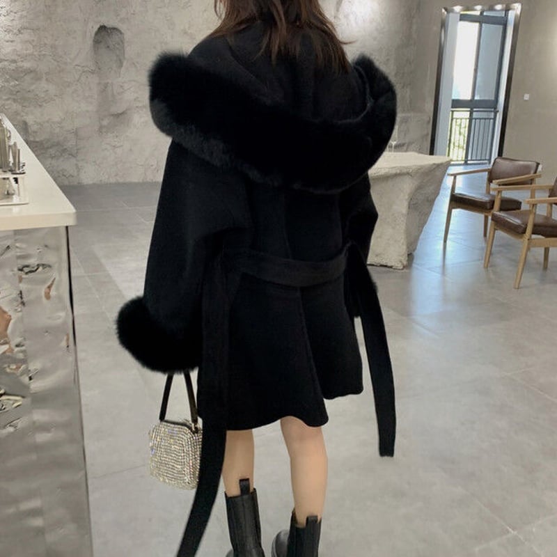 ボーダーズアットバルコニー　フォックスファー　Pコート　カシミヤ混 ボーダーズアットバルコニーフォックスファーPコートカシミヤ混