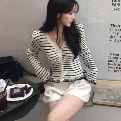 2color flare border cardigan