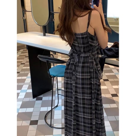 レトロチェックロングワンピース