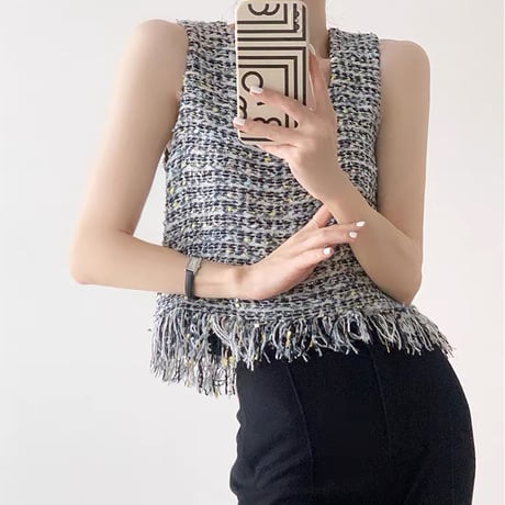 French Tweed Fringe Knit Top