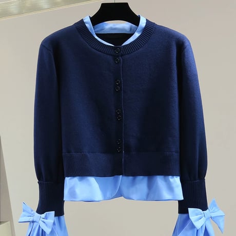 Chiffon Layered Ribbon Sleeve Knit Cardigan