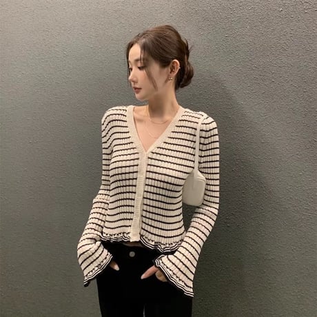 2color flare border cardigan