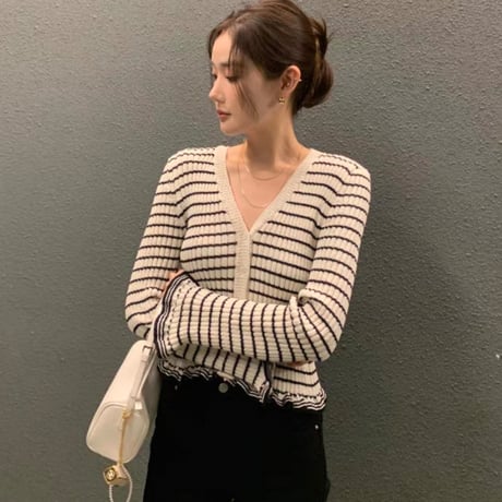 2color flare border cardigan