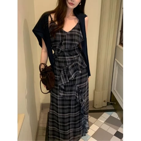 レトロチェックロングワンピース