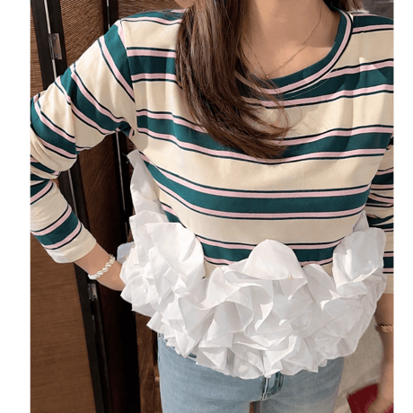 Ruffle Hem Striped Long Sleeve Top