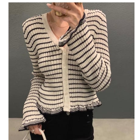 2color flare border cardigan
