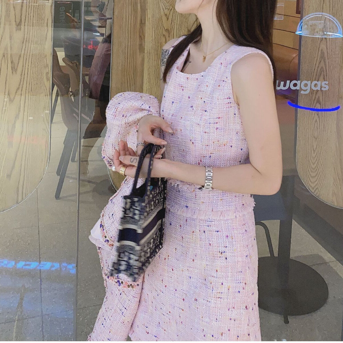 pink ツイードワンピース 2WAYレース襟付きラインレース×ツイードワンピース