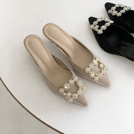 Pearl Buckle Pointed Mule Heels
