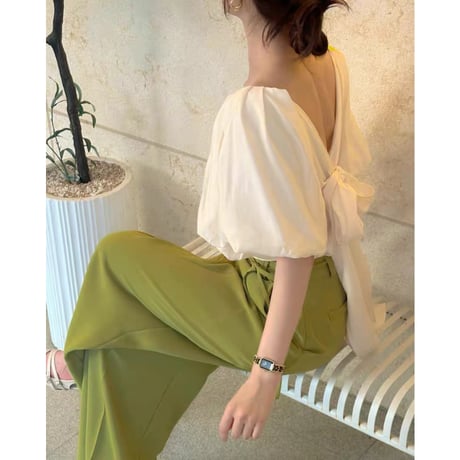 Back Ribbon Sheer V-Neck Blouse