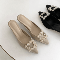 Pearl Buckle Pointed Mule Heels