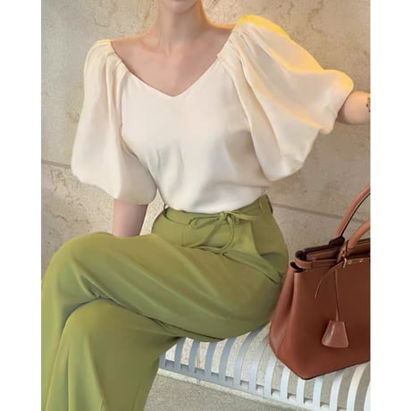 Back Ribbon Sheer V-Neck Blouse