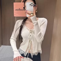 Lace Trim Ribbon Rib Cardigan