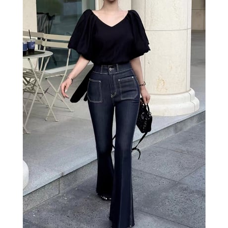 Back Ribbon Sheer V-Neck Blouse