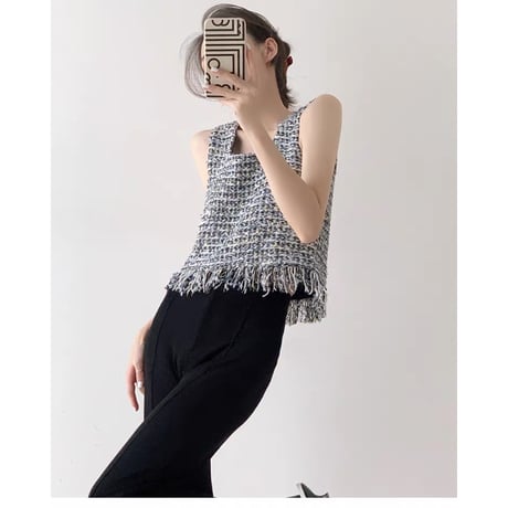 French Tweed Fringe Knit Top