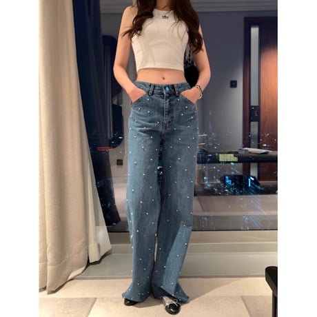 Pearl Detail Wide Leg Denim