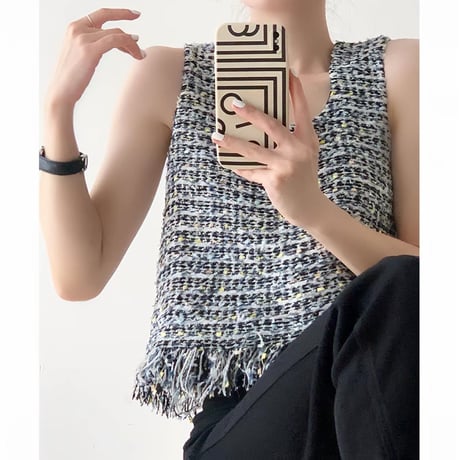 French Tweed Fringe Knit Top