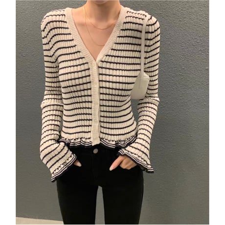 2color flare border cardigan