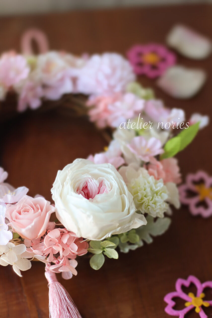 アレット ふわり桜ピンクの和風リース オプションでお雛様の