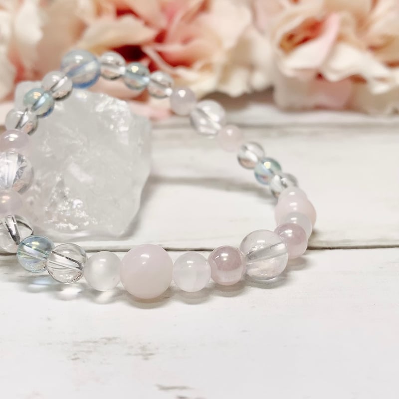 天珠 天然石 御守り ブレスレット【龍眼天珠 白玉髄】ピンクアクアマリン 美品♪ 宝瓶天珠】白玉髄 ピンクオパール インカローズ お守り 華奢ブレス