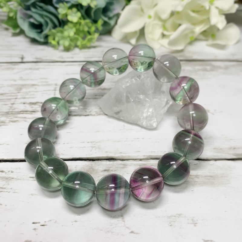高品質 バイカラー フローライト 紫 緑 虹だらけ ブレスレット 14mm玉
