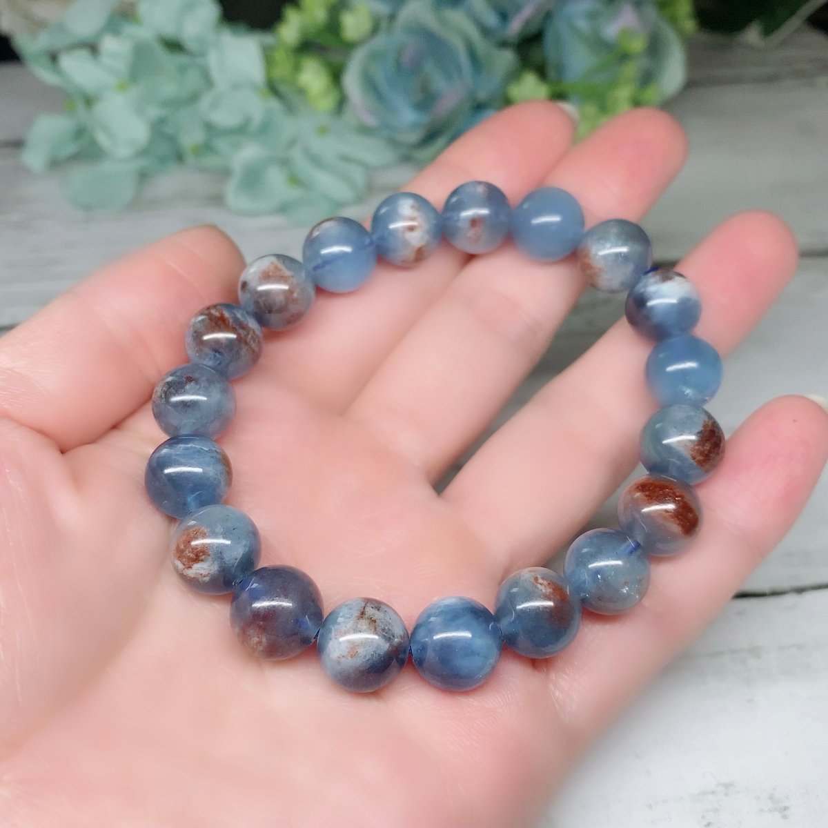 ①天然石 12mm チョコ　コットンアクアマリン　内周17cm 楽天市場】アクアマリン ブレスレット 12mm 17.5~19.5cm M~LL