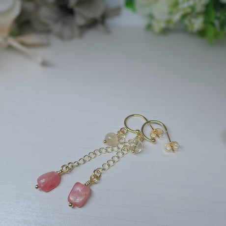 ［ピアス］［イヤリング］k24gp金の針と薔薇の雫 ─ キャッツアイルチル×インカローズ 【オリジナルデザイン】
